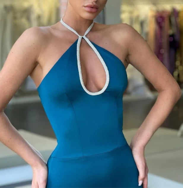 Dark Blue Sleeveless Halter Long Mermaid Formal Prom Dress